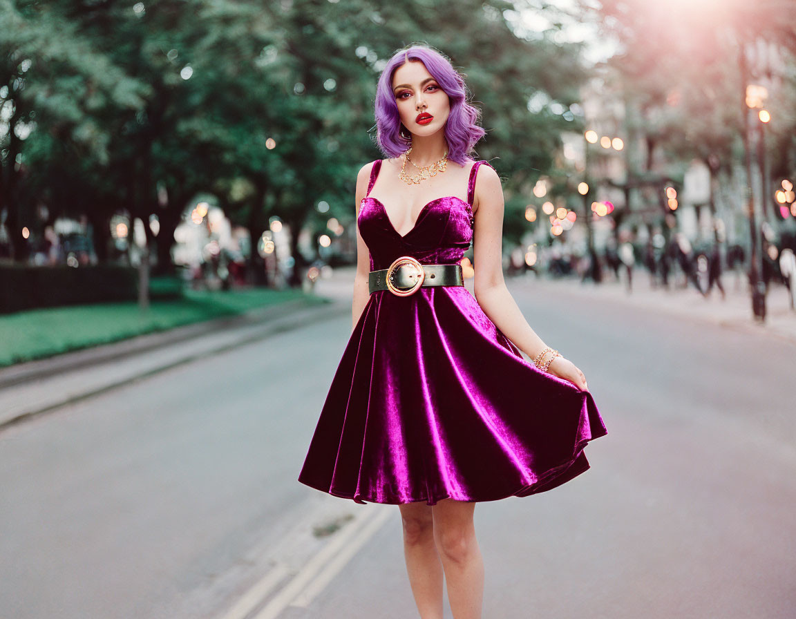 Purple-haired woman in shiny dress on street with blurred background