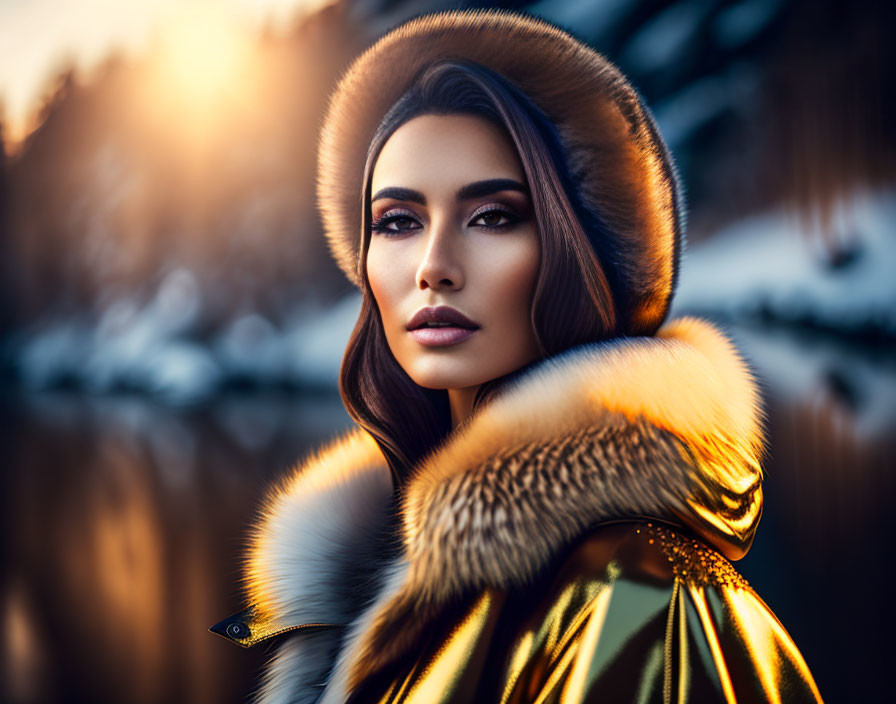 Dark-Haired Woman in Golden Jacket Outdoors with Soft Sunlight