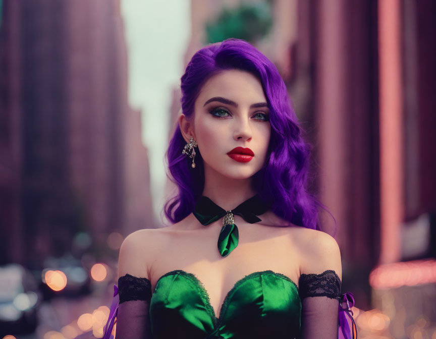 Purple-haired woman in green dress on city street at dusk with blurred buildings.