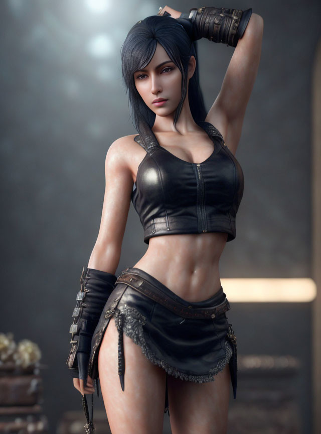 3D-rendered female character in black outfit holding sword