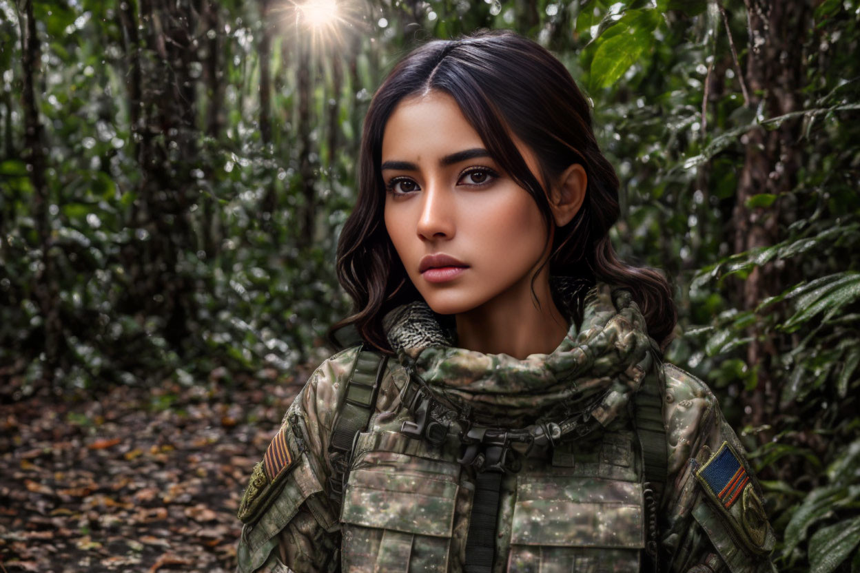 Serious woman in military attire in dense forest with sunlight.