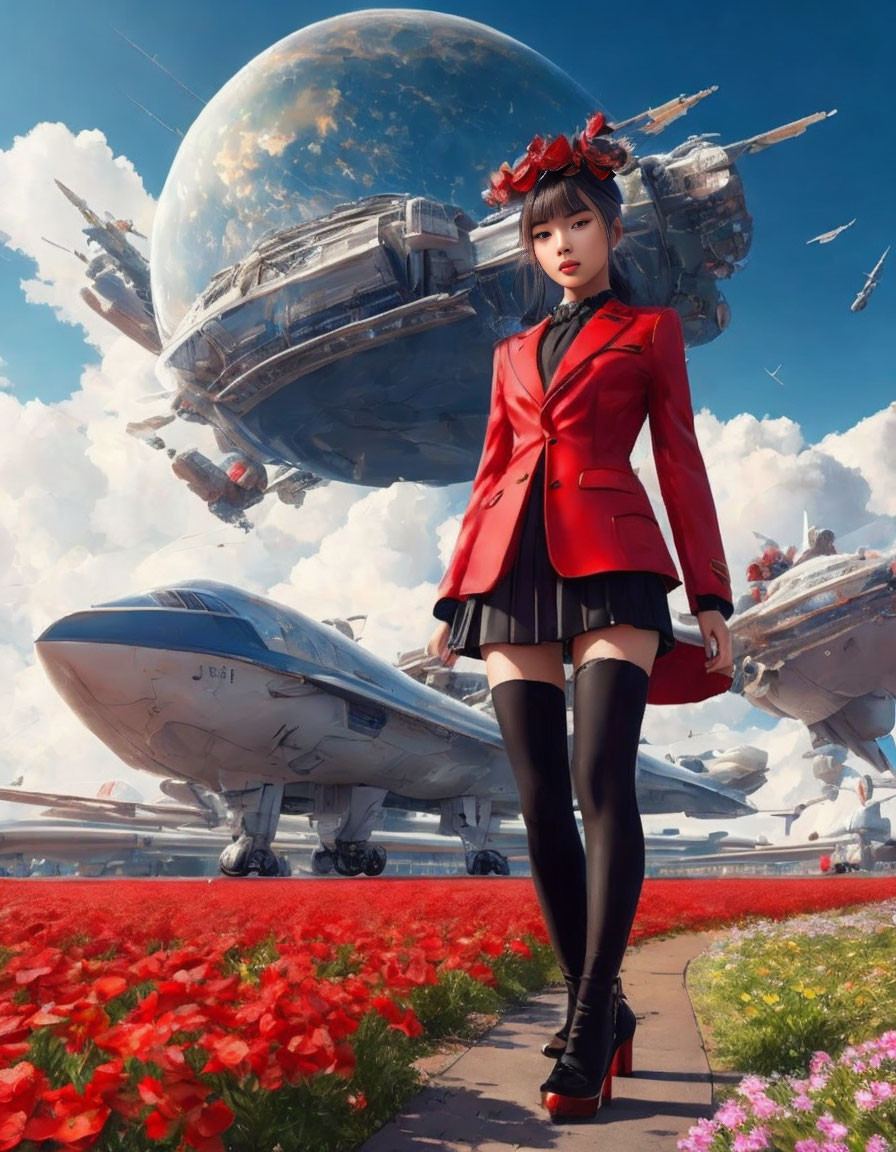 Young woman in red jacket and black skirt surrounded by red flowers, futuristic spaceships, and large planet