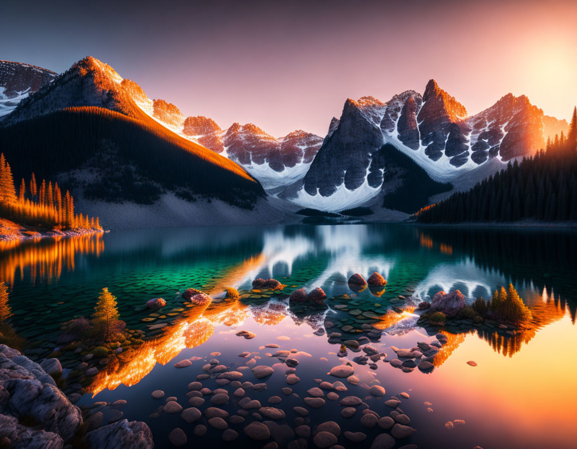 Tranquil mountain lake at sunset with snowy peaks & pine trees