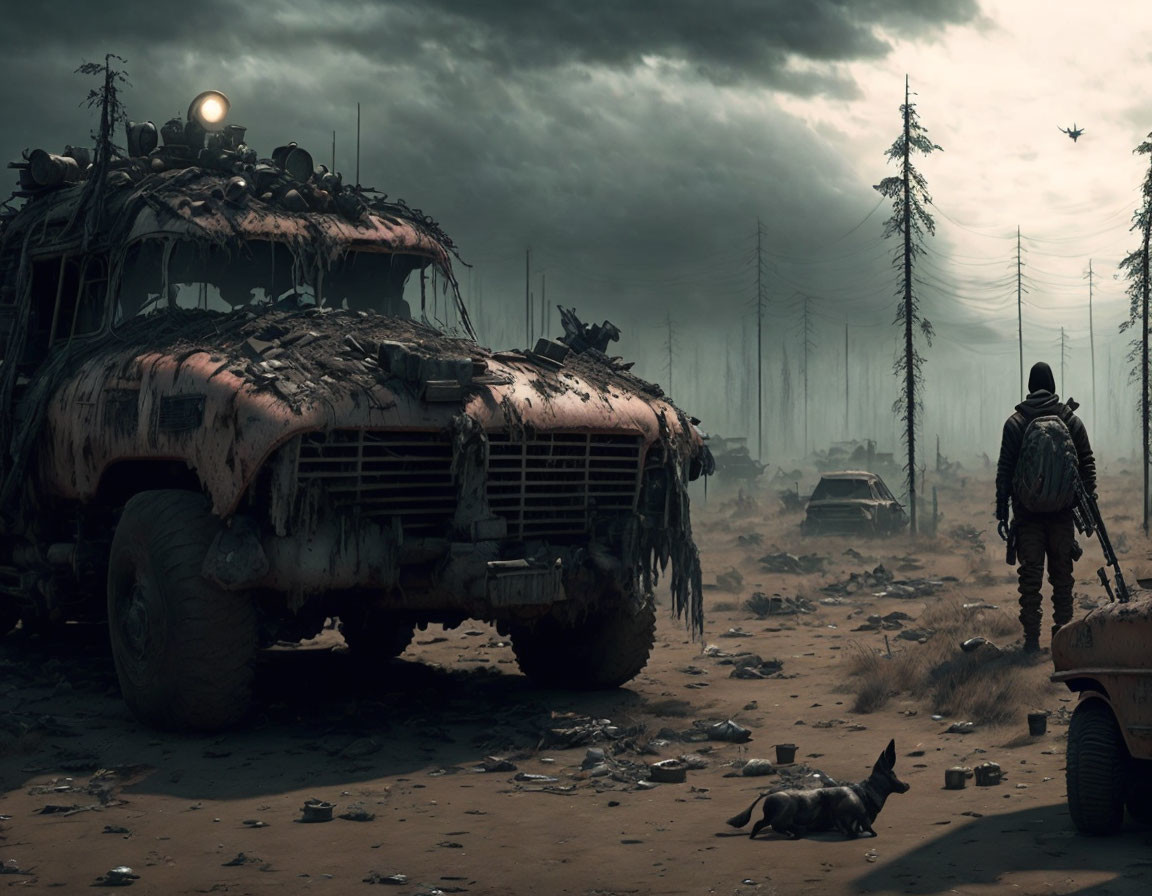 Person and dog in post-apocalyptic landscape with derelict vehicles and barren trees