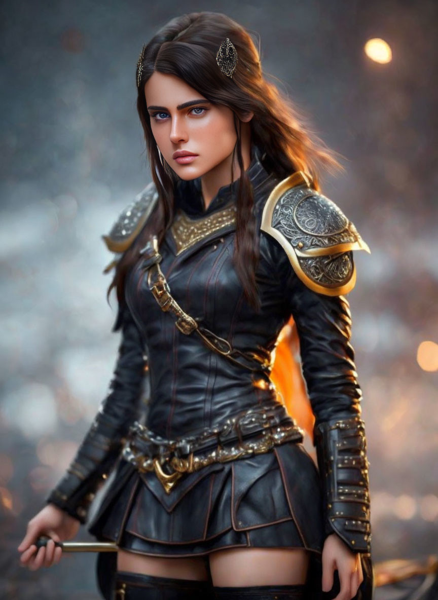 Detailed Female Warrior in Leather Armor with Sword on Fiery Background