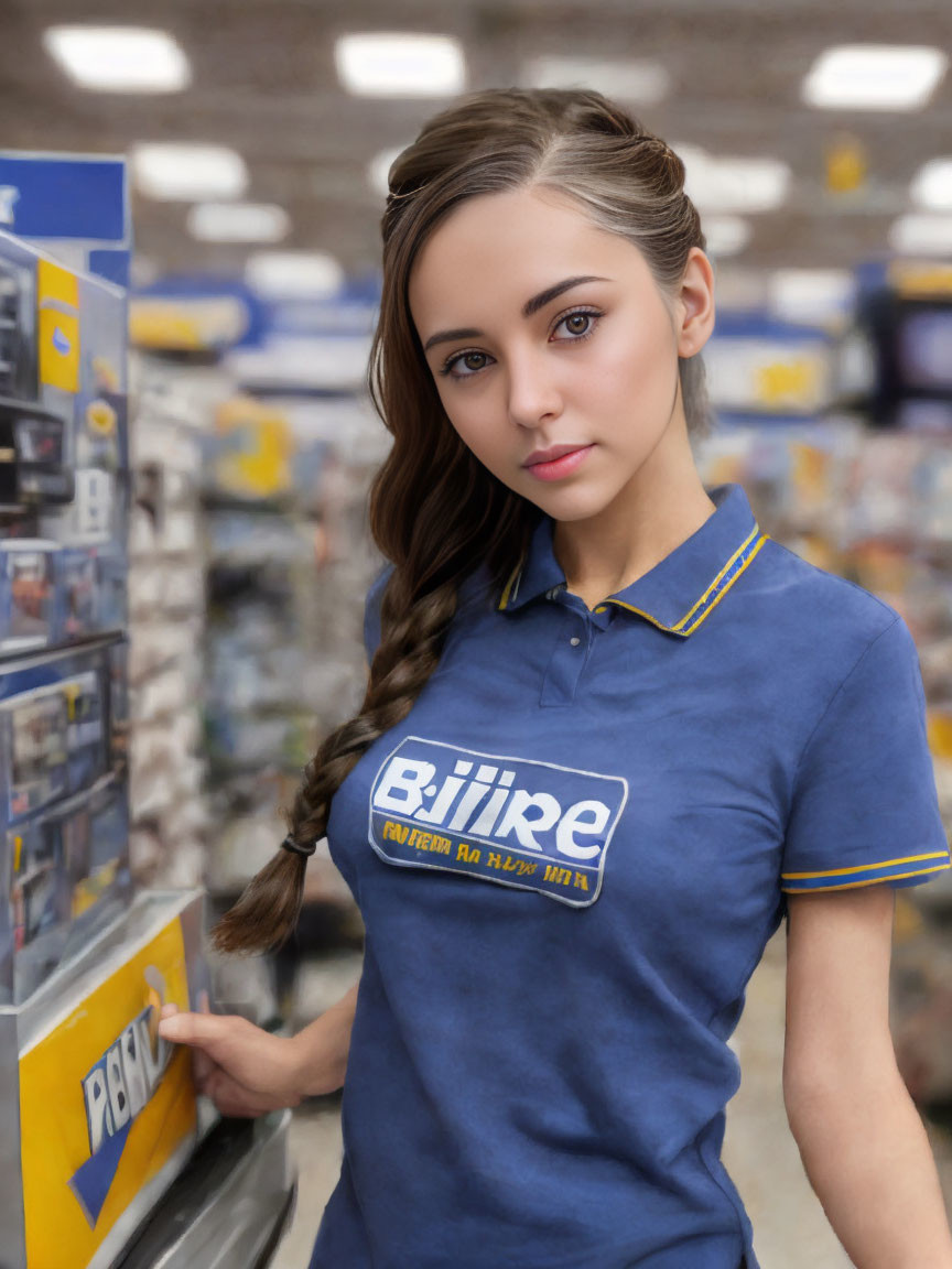 Digital artwork of young woman in blue uniform with side braid in store aisle.