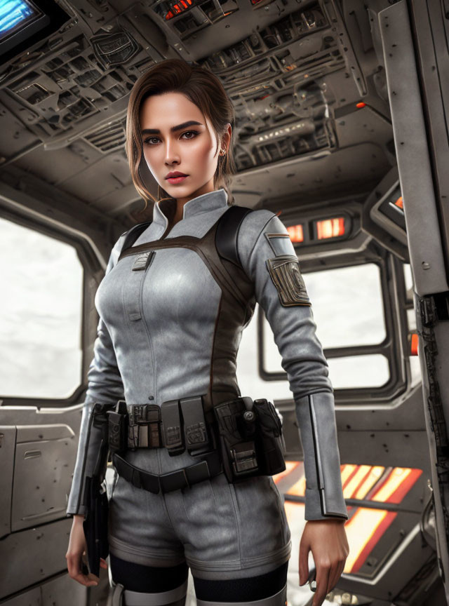 Futuristic digital artwork of a woman in grey uniform inside spacecraft