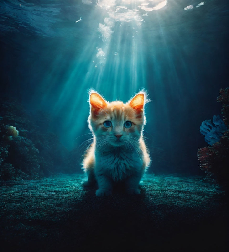 Orange Kitten Underwater with Beams of Light