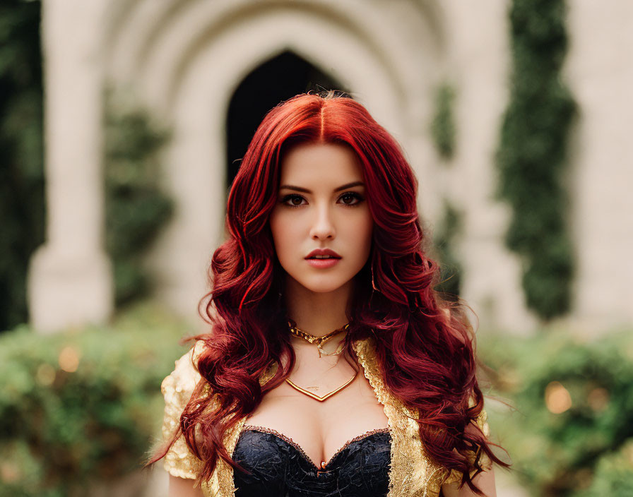 Vibrant red-haired woman in gold and black corset dress by arched doorway