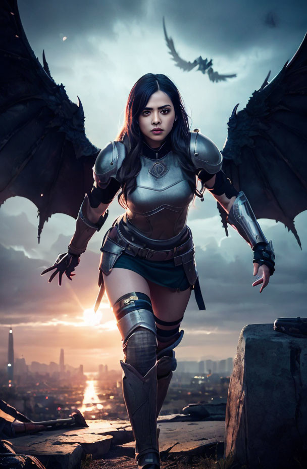 Female warrior in fantasy armor with dragon wings in dramatic sunset cityscape