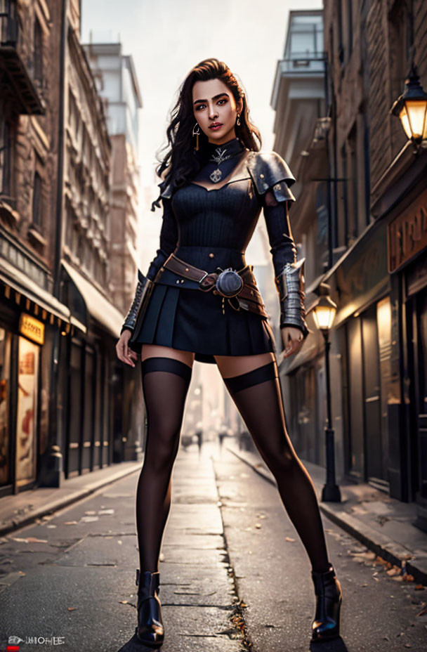 Fantasy-inspired armor costume woman on cobblestone street