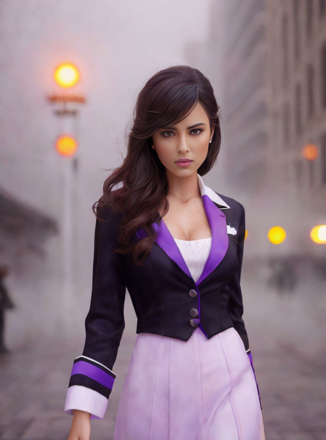 Stylish woman in purple blazer on foggy street