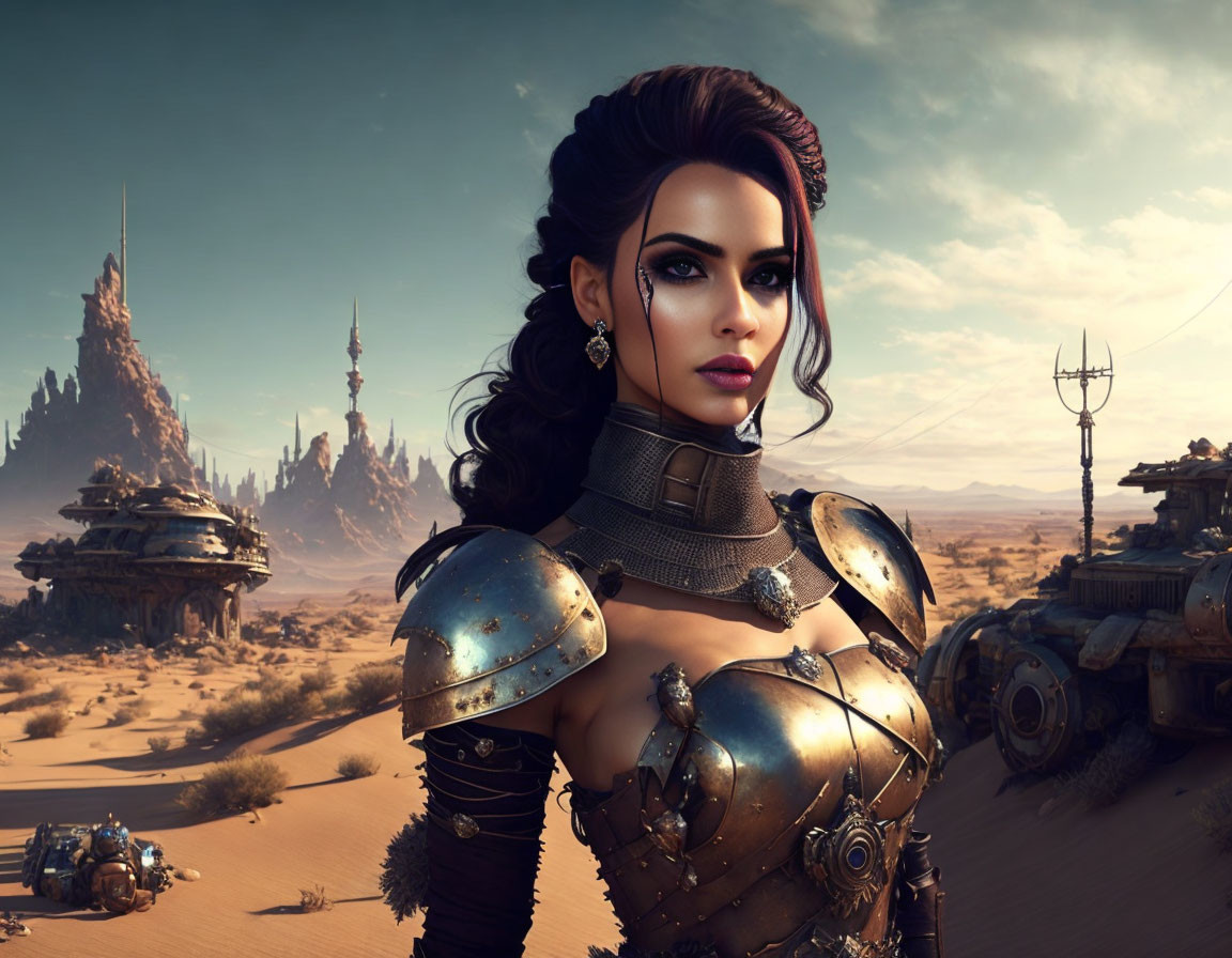 Futuristic digital artwork: Woman in sci-fi armor with desert landscape.