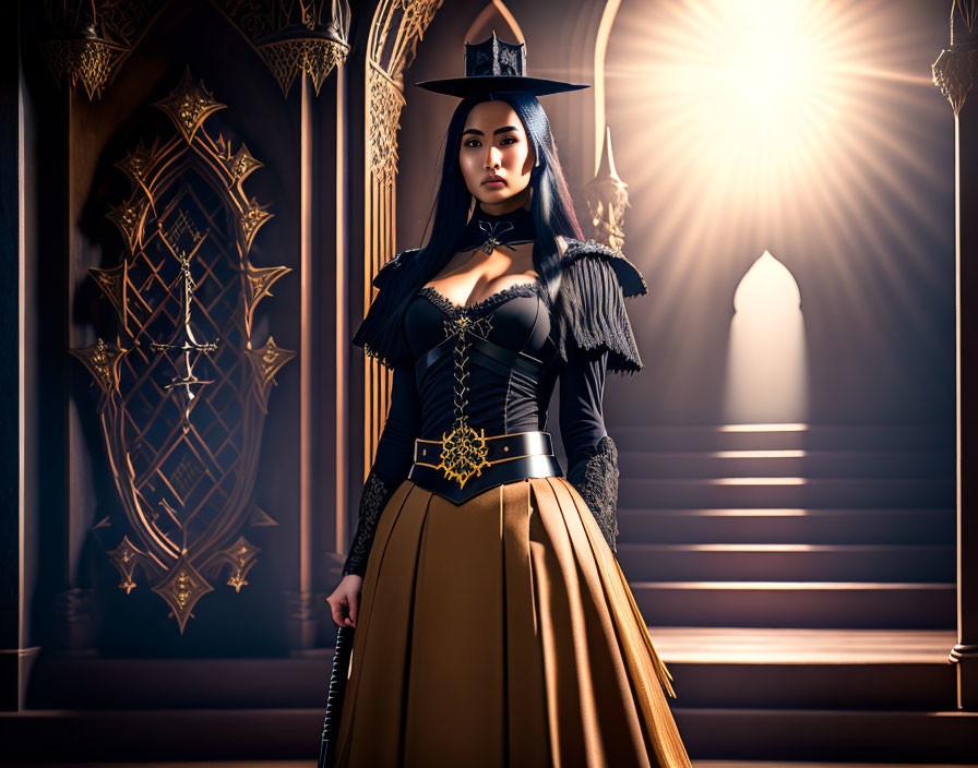 Gothic-inspired outfit woman by grand staircase in sunlight