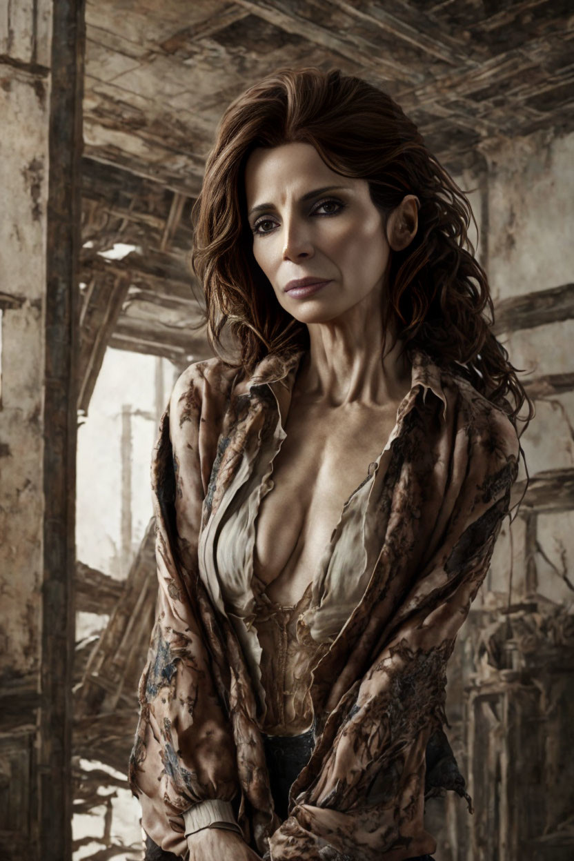 Brown-haired woman in tattered dress against dilapidated interior