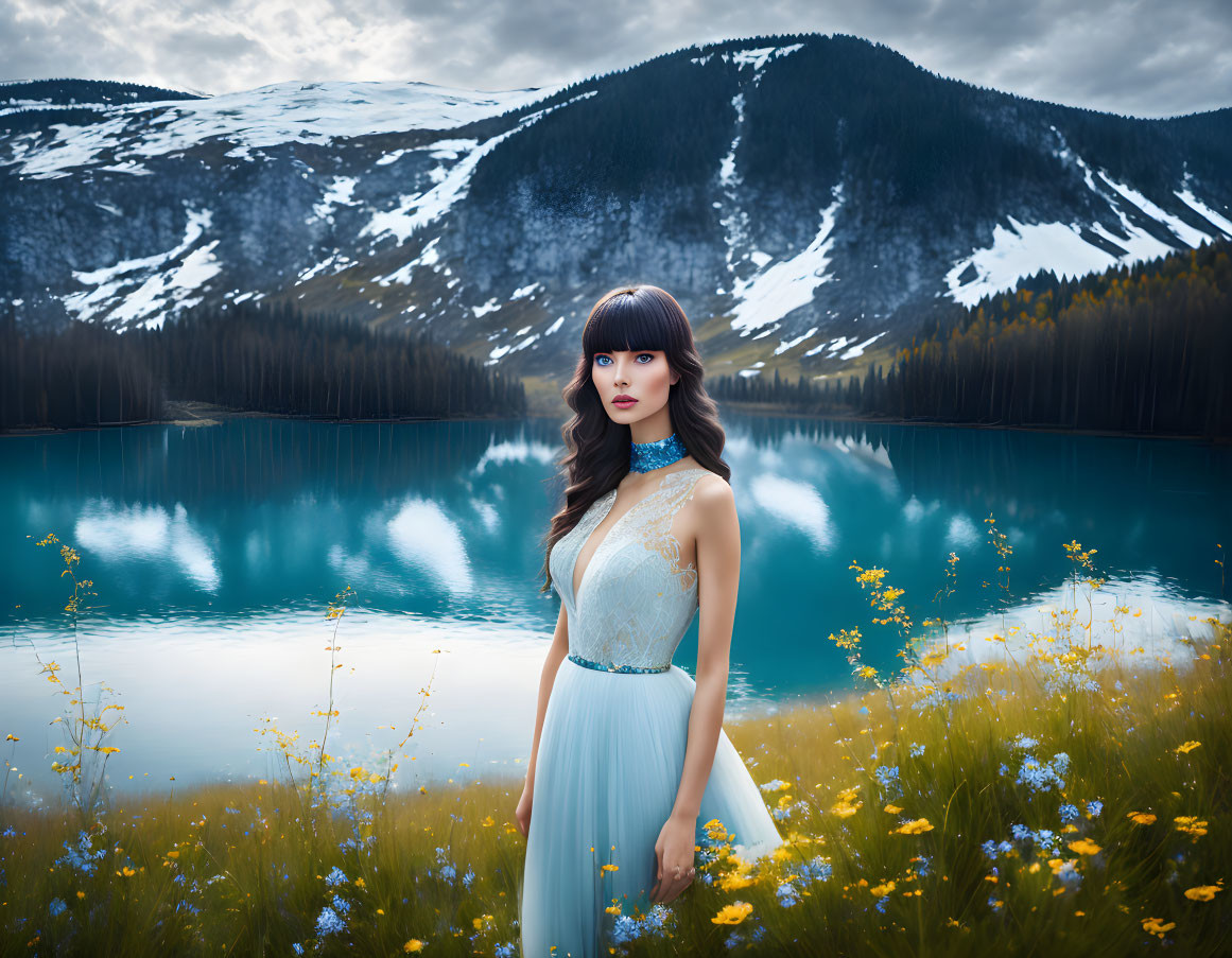 Dark-haired woman in wildflower field by mountain lake with snow-capped peaks