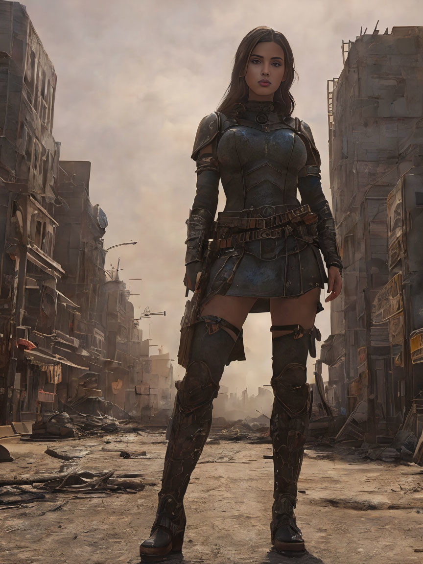 Medieval armor-clad woman in war-torn city street.