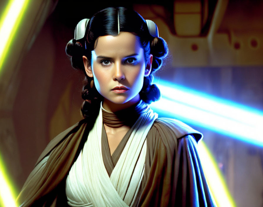 Dark-haired woman with side buns in beige outfit wields blue lightsaber in futuristic scene