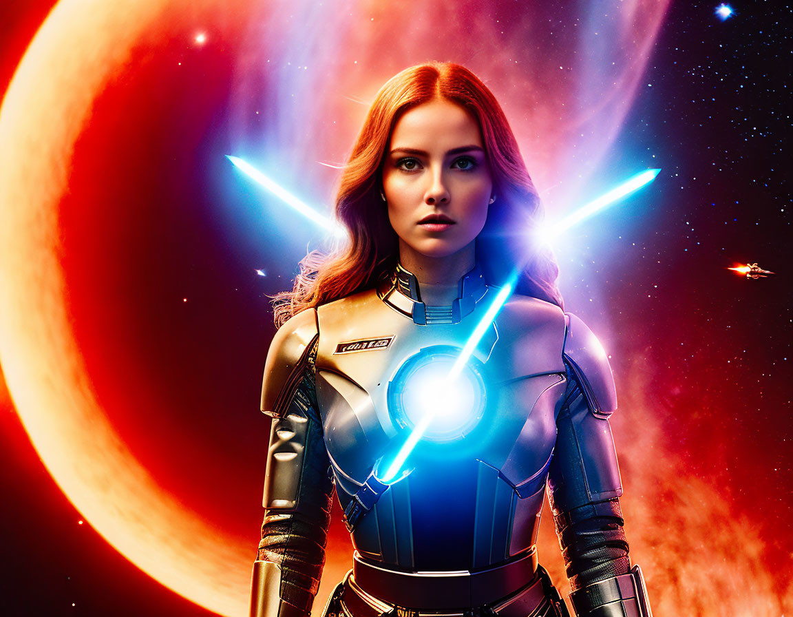 Futuristic armored woman with glowing blue lights on red planet background