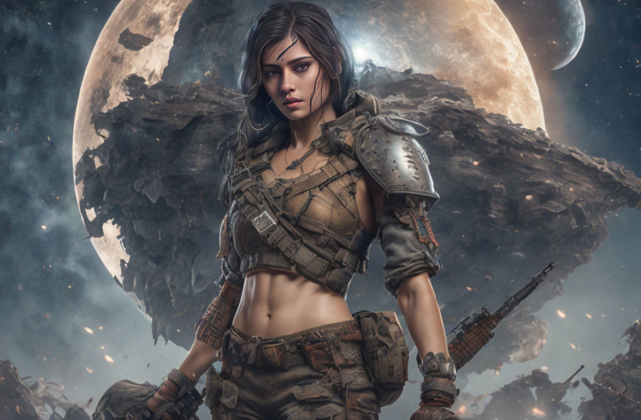 Digital artwork of fierce female warrior in fantasy armor with moon backdrop