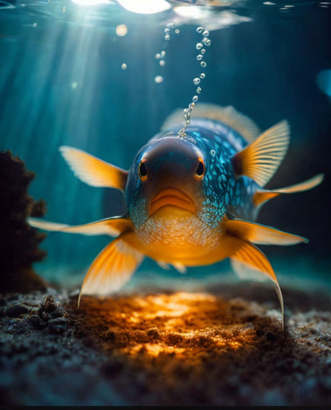 Colorful Orange Fish with Blue Spots Swimming Near Seabed