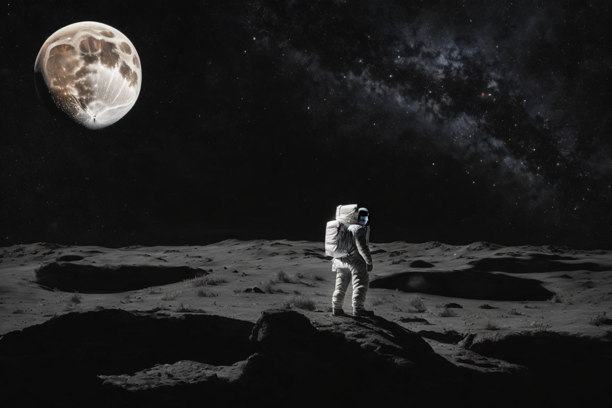 Astronaut on rocky lunar surface with Earth's moon and stars.