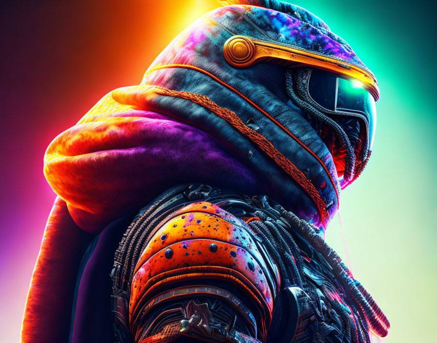 Colorful Sci-Fi Character in Helmet and Intricate Suit on Multicolored Background