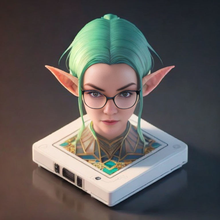 Digital artwork: Elf character merging with computer part