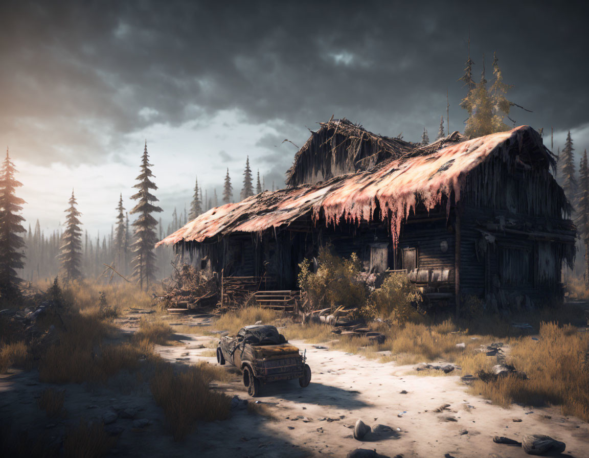 Desolate abandoned wooden cabin with rusty car in pine forest