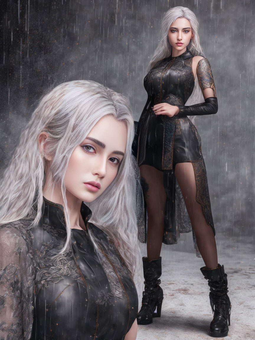 Silver-haired woman in black lace dress standing in rain