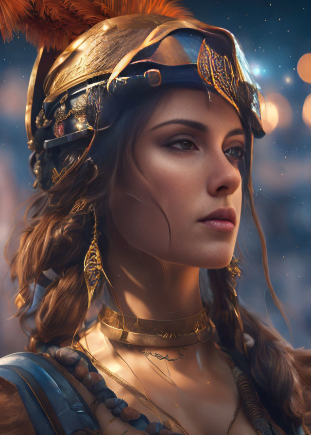 Woman wearing ornate helmet and gold jewelry with feather detail against twilight sky.