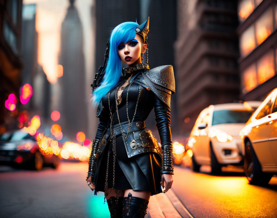 Blue-haired person in punk attire on city street at dusk