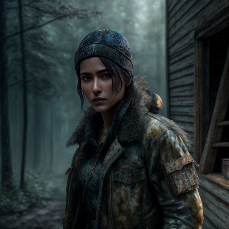 Woman in leather jacket by wooden cabin in misty forest