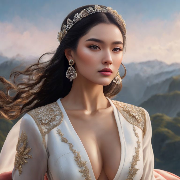 Elegant woman in white dress with gold embroidery against mountain backdrop