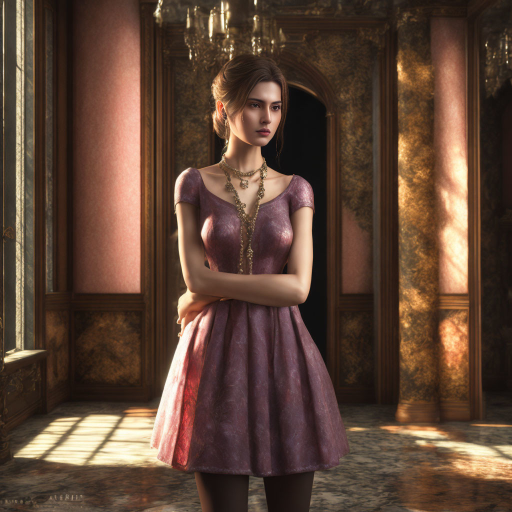 3D-rendered young woman in vintage-style mauve dress in ornate room