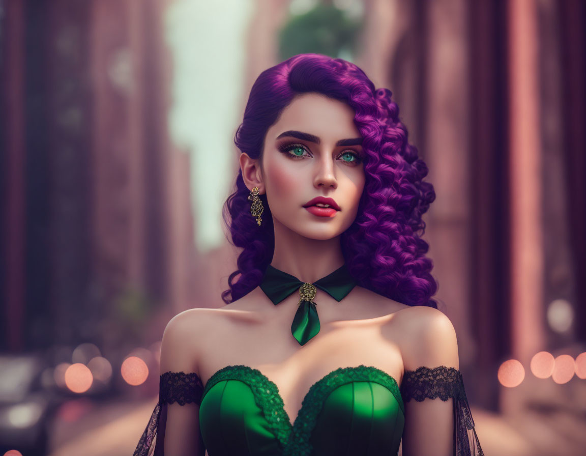 Vibrant purple hair woman in green corset against city backdrop