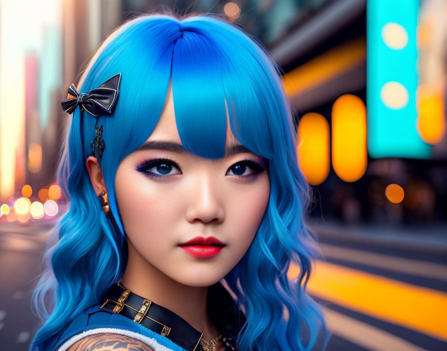 Vibrant blue-haired woman with bow accessory in digital art portrait