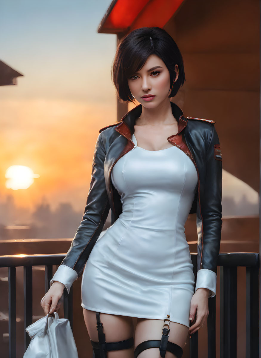 Short-haired woman in white dress and leather jacket on balcony at sunset with handbag