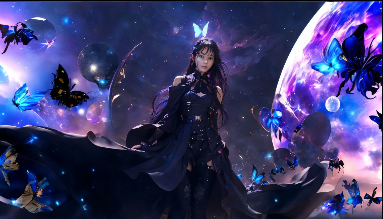 Woman in black outfit with blue butterflies in cosmic scene