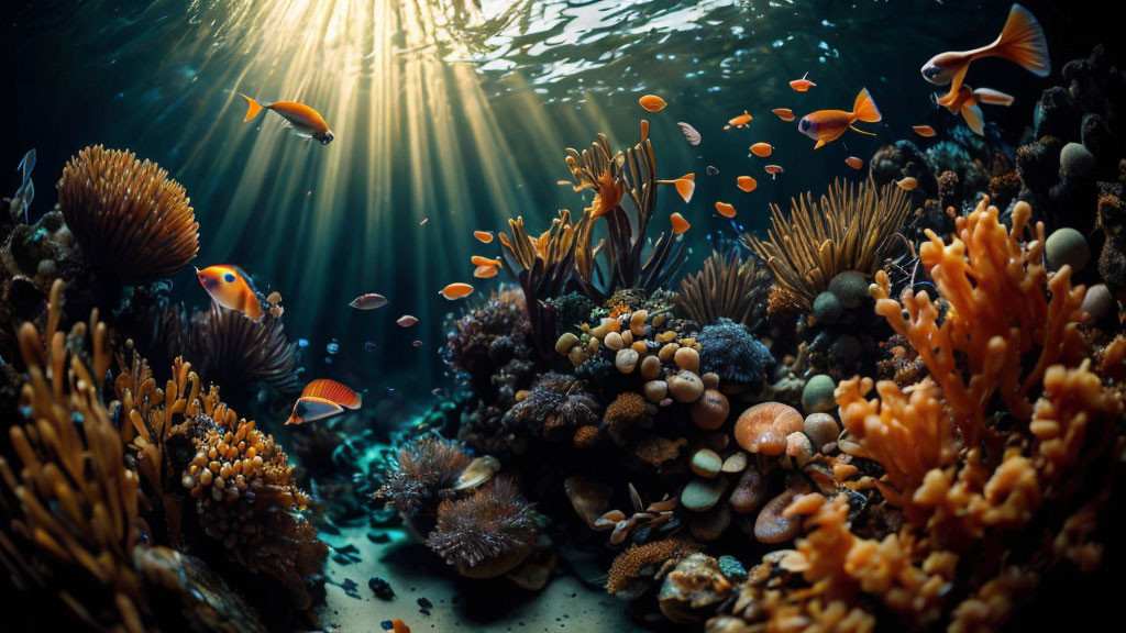 Colorful Underwater Coral Reef with Tropical Fish and Sunlight