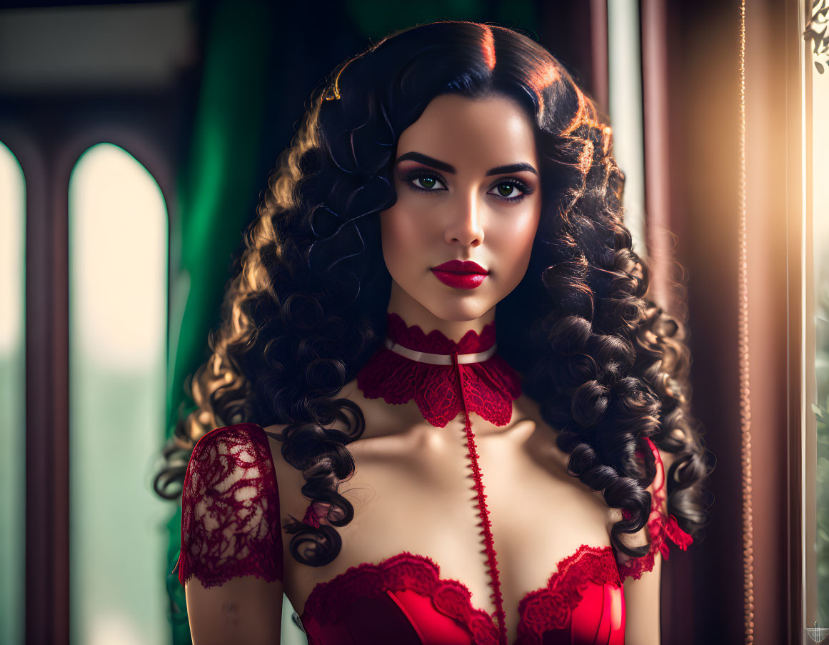 Dark-haired woman in vintage curls and red lingerie with lace details poses by a window