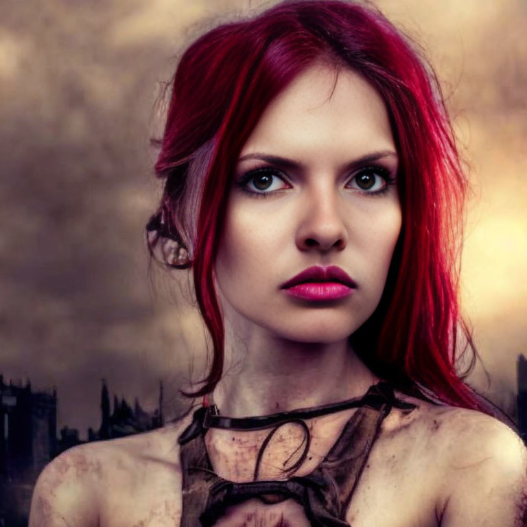 Red-haired woman with bold makeup against cloudy sky and cityscape.