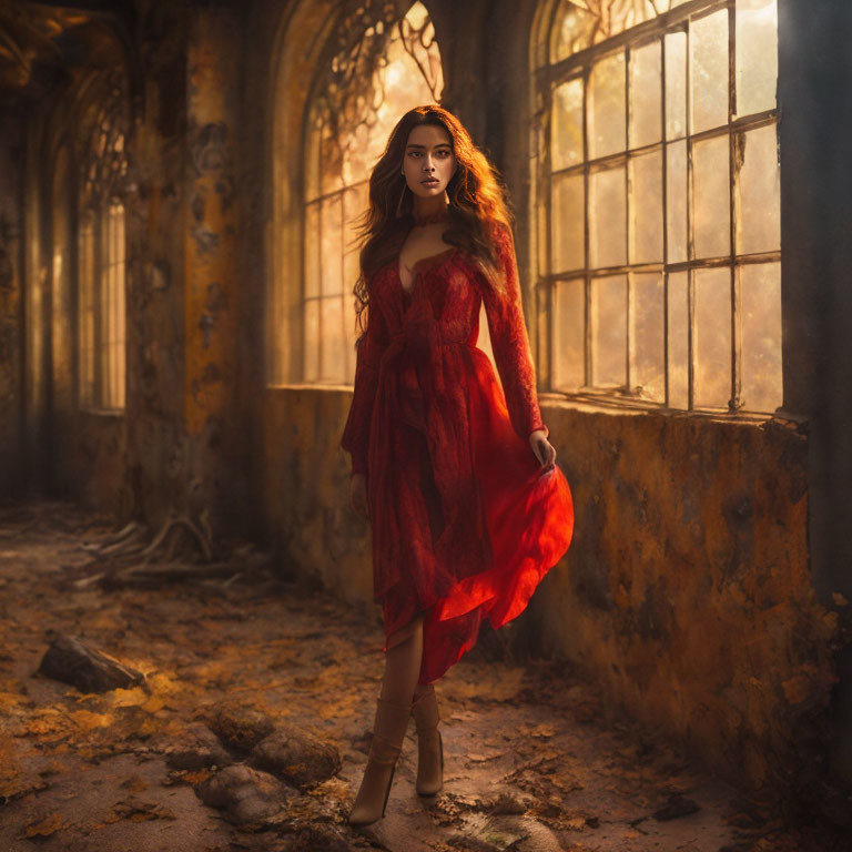 Woman in Red Dress in Abandoned Hallway with Decaying Walls