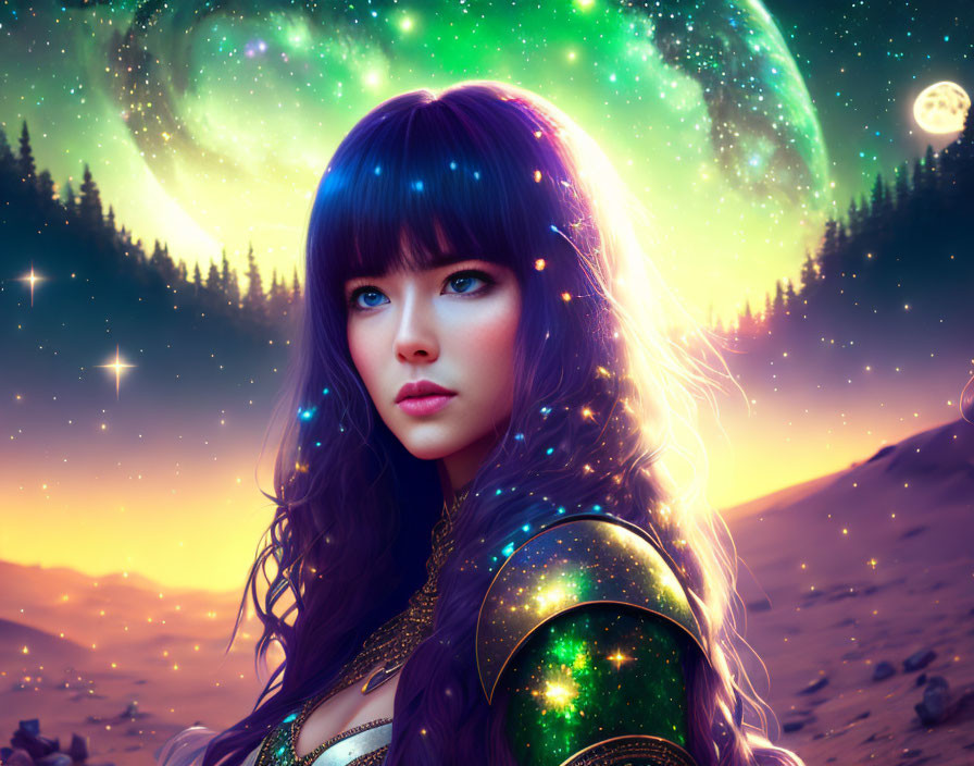 Digital Artwork: Woman with Blue Hair in Cosmic Fantasy Scene