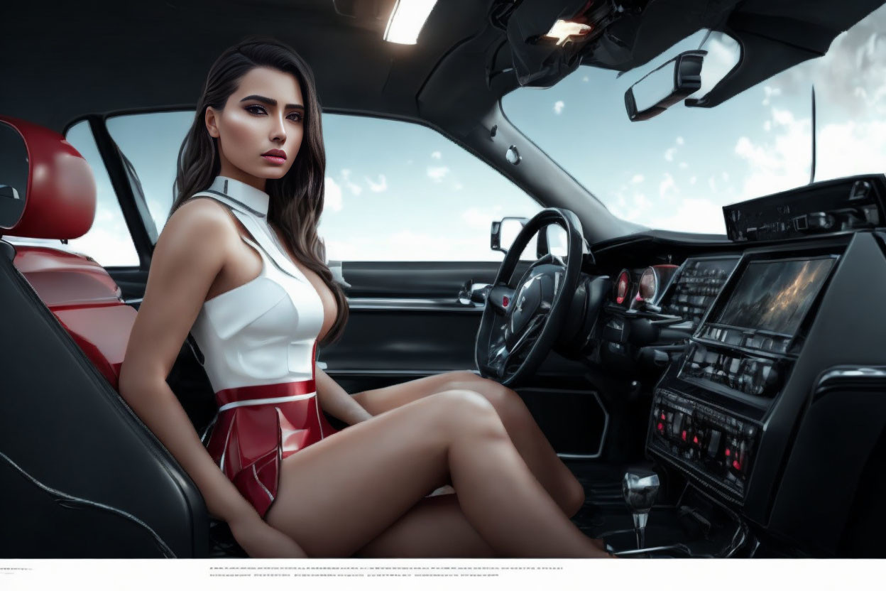 Pensive woman in white and red outfit inside luxurious car