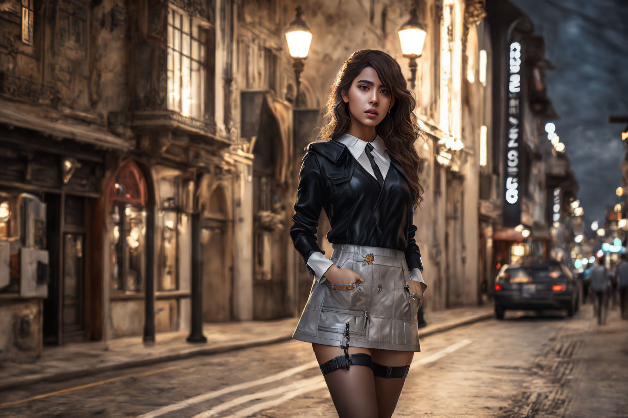 Confident woman in stylish outfit on old city street at dusk