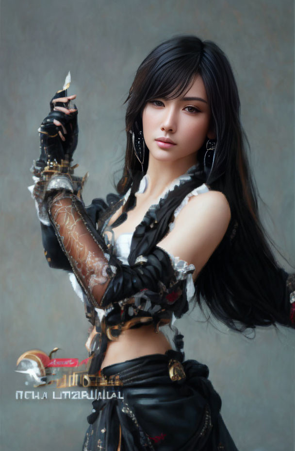 Fantasy armor-clad woman wields blade with long black hair