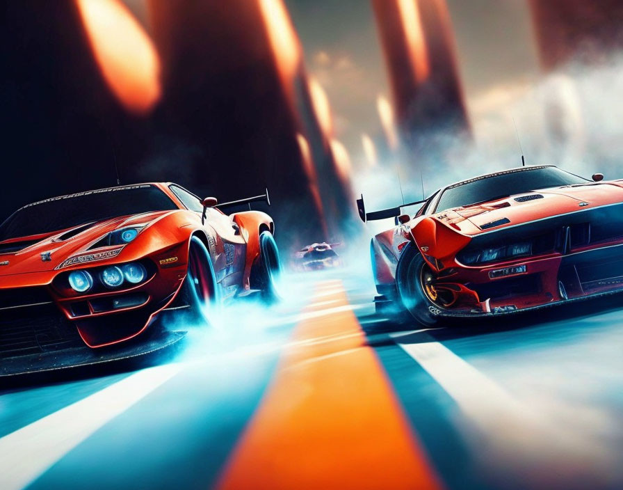 Dynamic motion blur: Two sports cars racing with vibrant orange-blue lighting.