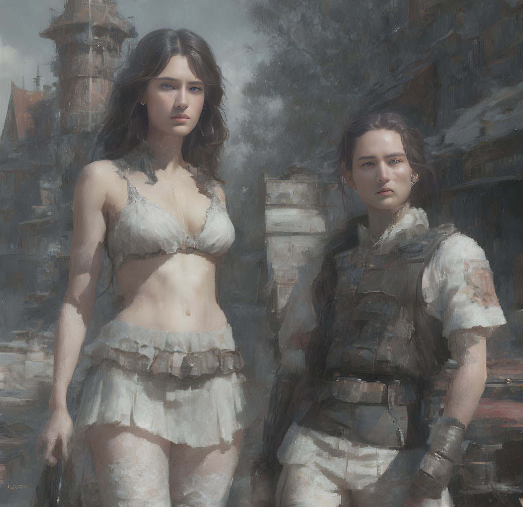 Two women in contrasting outfits in a dystopian backdrop.