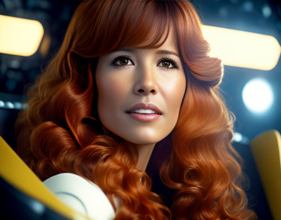 Red-haired woman in futuristic setting with soft lighting